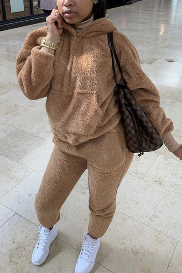 Coffee Fashion Sexy Adult Solid Patchwork Hooded Collar Long Sleeve Regular Sleeve Regular Two Pieces