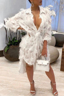 White Celebrities Cap Sleeve Long Sleeves Mandarin Collar Asymmetrical Mid-Calf Broken flowers t