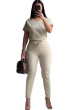 Cream white venetian Casual Fashion Ma'am adult Patchwork Two Piece Suits Solid pencil Short Sleeve Two-piece P