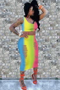 Yellow Sexy Fashion Tank Sleeveless O neck Step Skirt Mid-Calf hollow out Print Fluorescent hole backless