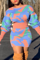 Blue Sexy Print Patchwork O Neck Long Sleeve Two Pieces