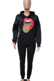 Black Casual Print Patchwork Hooded Collar Long Sleeve Two Pieces