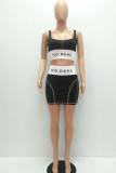 Pink Fashion adult Ma'am Street Letter Patchwork Two Piece Suits Hip skirt Sleeveless Two Pieces