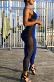Blue Fashion street Patchwork Mesh Solid Sleeveless V Neck Jumpsuits