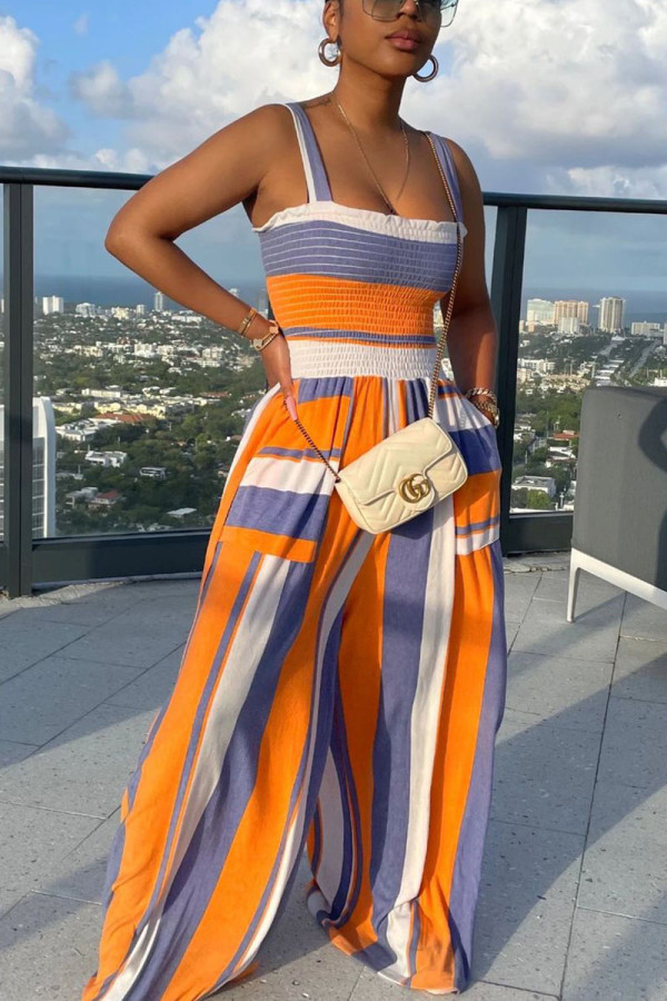 Stripe Street Print Patchwork Square Collar Straight Jumpsuits