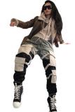 Army Green Elastic Fly Sleeveless Mid bandage Solid Patchwork Harlan pants Pants Pants