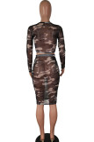 Camouflage Fashion Sexy Adult Gauze Camouflage Print O Neck Long Sleeve Regular Sleeve Short Two Pieces
