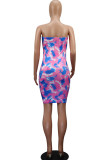 Light Blue Milk. Fashion Sexy adult Ma'am Green Pink Light Blue Light Purple Off The Shoulder Sleeveless Wrapped chest Step Skirt skirt Print Tie and dye Dresses
