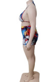 Colour Sexy Print Patchwork Frenulum Halter Plus Size Two Pieces