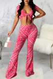Rose Red Sexy Print Patchwork V Neck Short Sleeve Two Pieces
