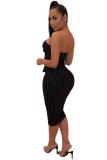 Black Fashion Sexy Off The Shoulder Sleeveless One word collar Sheath Slim Dress Mid-Calf Stripe