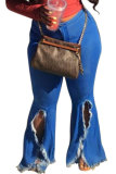 Dark Blue Denim Button Fly Sleeveless High Patchwork Solid Split Hole Boot Cut Pants Bottoms