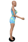 Blue Fashion Casual adult Patchwork Print backless Tie Dye Two Piece Suits Straight Sleeveless Two Pieces