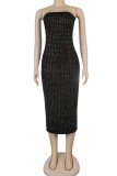 Black Fashion Sexy adult Ma'am Spaghetti Strap Sleeveless Slip Step Skirt Mid-Calf diamonds Dresses