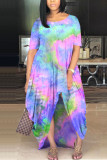 Blue Milk. Fashion adult Ma'am Street Cap Sleeve Short Sleeves O neck Princess Dress Floor-Length Print Tie and dye asymmetrical Dresses