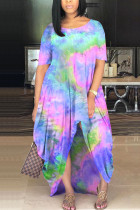 Blue Milk. Fashion adult Ma'am Street Cap Sleeve Short Sleeves O neck Princess Dress Floor-Length Print Tie and dye asymmetrical Dresses