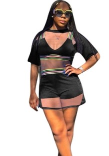 Black Plain Mid Waist Elastic Waist Three-piece suit