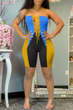 Blue Sexy Casual Patchwork Backless Strap Design Strapless Skinny Romper