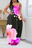 Rose Red Sexy Print Patchwork Spaghetti Strap Straight Dresses