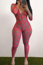 Red Living Print V Neck Skinny Jumpsuits