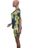 Dark Blue Fashion Sexy adult Patchwork Print Tie Dye Two Piece Suits Straight Short Sleeve Two Pieces