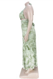 Green Sexy Print Backless Slit Strap Design Halter Plus Size Two Pieces