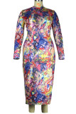 colour Sexy Print O Neck Pencil Skirt Plus Size 