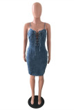 Deep Blue Fashion Sexy Solid Backless Spaghetti Strap Denim Dress