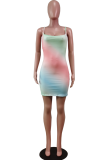 Red Sexy Patchwork Tie-dye Spaghetti Strap Pencil Skirt Dresses