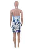 Sky Blue Fashion Sexy Print Backless Halter Sleeveless Dress