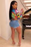 multicolor V Neck Long Sleeve Print Floral Long Sleeve Tops