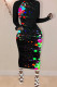 Red and blue Street Long Sleeves O neck Step Skirt Mid-Calf Hand-painted Print Dresses