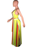 Blue Fashion Street White Blue Orange Yellow Light Blue Dark Blue Spaghetti Strap Sleeveless Slip Swagger Floor-Length Striped Print Dresses