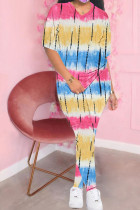 blue and yellow Fashion Casual adult Ma'am Print Tie Dye Two Piece Suits pencil Short Sleeve Two Pieces