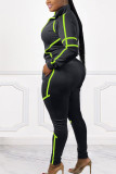 Black Fashion Sportswear Adult Twilled Satin Solid Patchwork Turndown Collar Long Sleeve Regular Sleeve Regular Two Pieces