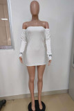 White Sexy Pit Article Fabrics Letter Print Solid Letter Bateau Neck Long Sleeve Mini Pencil Skirt Dresses