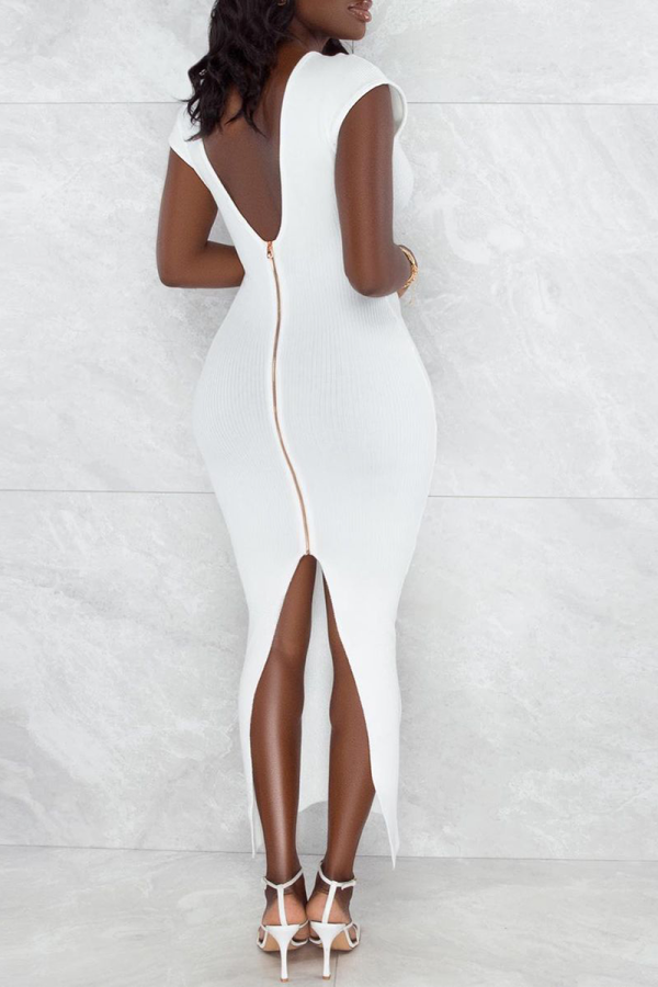 White Sexy Solid High Opening Zipper U Neck Pencil Skirt Dresses