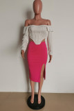 Rose Red Fashion Sexy Solid Backless Slit Off the Shoulder Long Sleeve Two Pieces