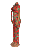 Red Sexy Print Patchwork Turndown Collar Half Sleeve Two Pieces
