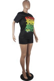 Black Fashion Casual Letter Print Short Sleeve Two Pieces