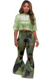 Beige Zipper Fly Sleeveless Mid Old Zippered washing camouflage Boot Cut Pants