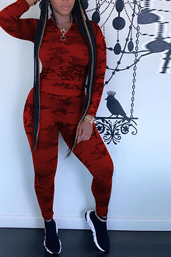 Red Fashion adult Ma'am Street Camouflage Two Piece Suits pencil Long Sleeve Two Pieces