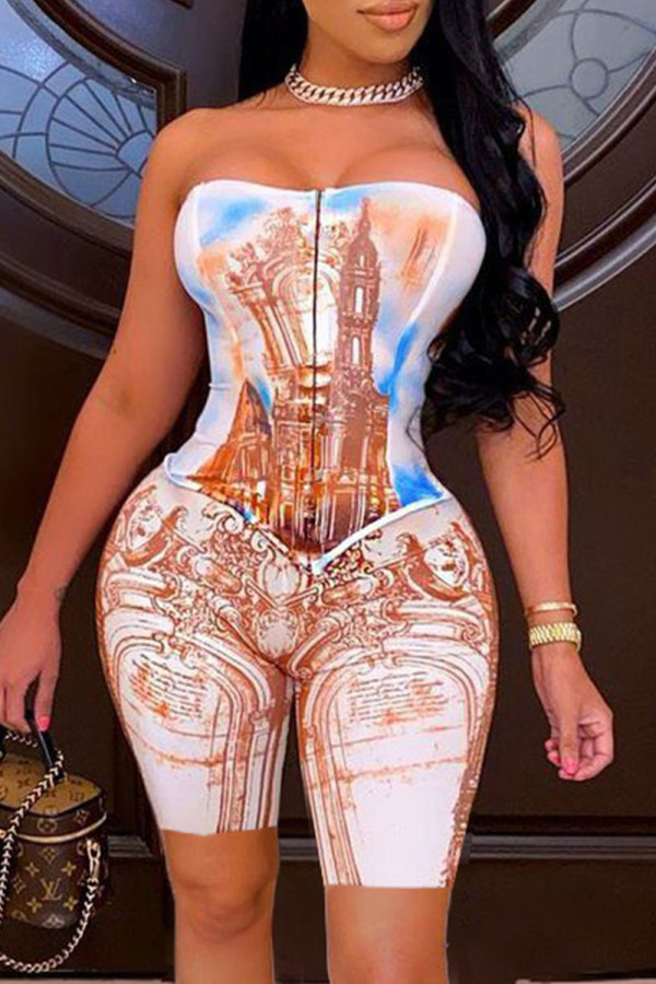 Multicolor Fashion Sexy Print Backless Strapless Sleeveless Two Pieces
