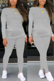 Grey Fashion Casual Solid Zipper Basic O Neck Long Sleeve Two Pieces