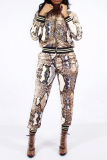 Snake Print Casual Animal Print Patchwork Zipper Collar Long Sleeve Two Pieces