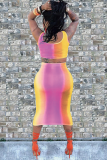 Yellow Sexy Fashion Tank Sleeveless O neck Step Skirt Mid-Calf hollow out Print Fluorescent hole backless