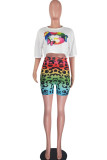 Fluorescent green Fashion Street Leopard Print Two Piece Suits Straight Short Sleeve Two Pieces