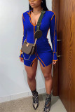 Red Fashion Sexy Solid Patchwork Slit V Neck Long Sleeve Dress