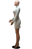 Grey Sexy Solid Hollowed Out O Neck Long Sleeve Mini Pencil Skirt Dresses