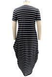 White Fashion Casual Plus Size Striped Print Basic O Neck Short Sleeve Dress